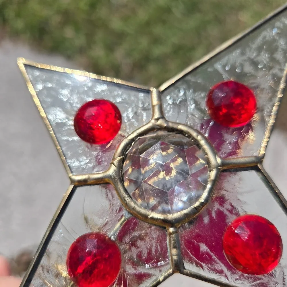 Vintage Tiffany Style‎ Stained Glass Christmas Tree Topper Lighted Red Gold